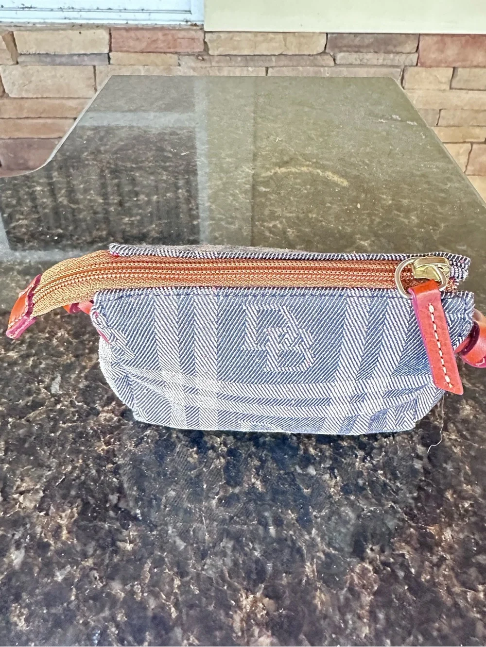 DOONEY & BOURKE ~ Gray Denim Plaid Pouch with Leather Trim and Red Interior